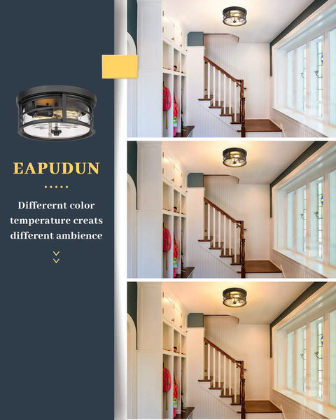 Two Light Matte Black Flush Mount Ceiling Fixture With Clear Glass Shade illuminating a stairway in three lighting variations.
