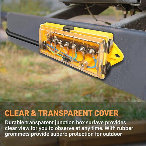 Clear color coded 7 Way Trailer Wire Junction Box With Clear Color Coded Cover And 7 Pin Terminal Studs mounted on trailer