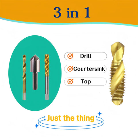 Six Piece Titanium Coated Drill Tap Set For Aluminum, Brass, Zinc, Copper, Plastic And Wood Heavy Duty All In One 3 In 1 Drill Tap Countersink Kit With M3x0.5 To M10x1.5 Hex Shank HSS Taps, showing drill, countersink and tap bits.