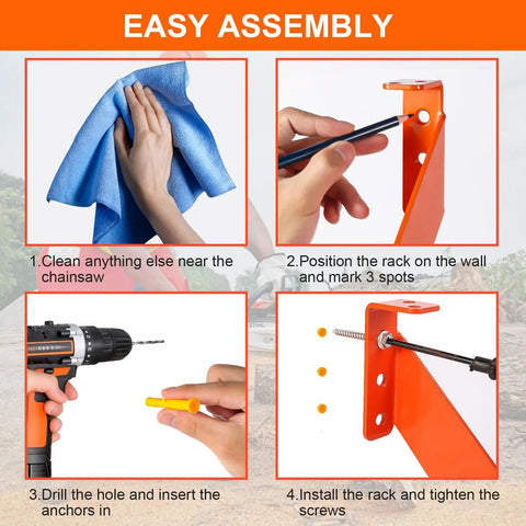 Easy assembly steps for 3 In 1 Chainsaw Holder Wall Mount Heavy Duty 10 Inch Steel Rack With Vertical Or Horizontal Storage 180 Lbs Capacity Built In Accessory Holes For File Wrench And Screwdriver Garage Organizer For Chainsaw Tools displayed