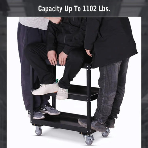 3 Tier Rolling Tool Cart With 660 Lb Capacity, Heavy Duty Steel Utility Cart On Wheels, Pegboard With 15 Hooks, Built Tough Built black cart with up to 1102 lbs capacity
