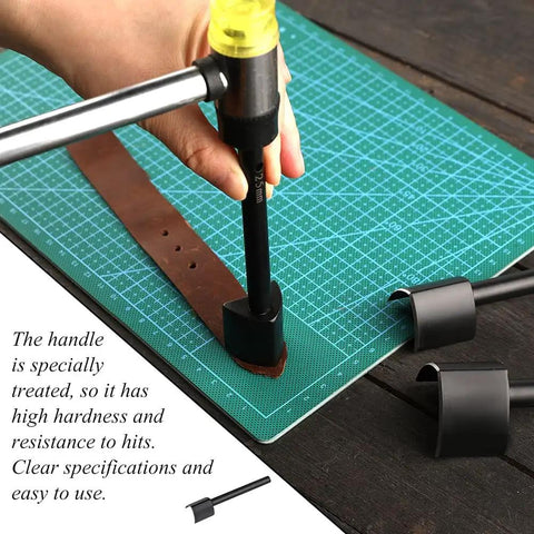 3 Size V Shaped Leather Corner Punch Set 0.98 Inch 1.18 Inch 1.57 Inch For Leatherworking Belt Holes And Edges Pro Grade Alloy Cutter Kit 25mm 30mm 40mm Included, shown in use on leather strip.