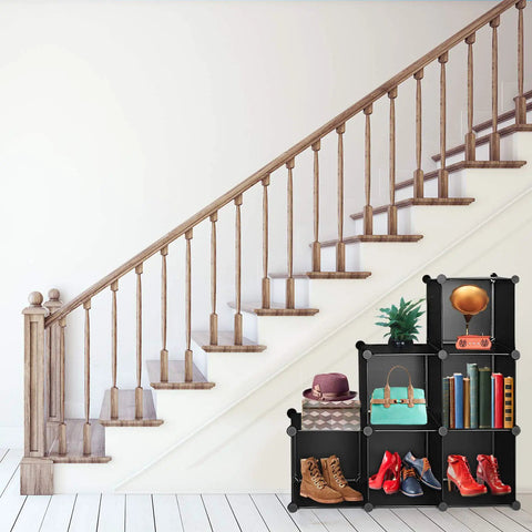 12 Cube Storage Organizer Shelf Unit next to staircase, DIY Plastic Closet Cabinet, Modular Bookcase with books, shoes, and decor