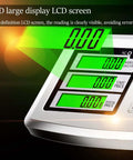 Close-up of digital platform scale with LED display showing weight, unit price, and total price.