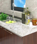 Gray White Faux Marble Contact Paper Peel And Stick Vinyl for countertops showing a kitchen with modern decor.