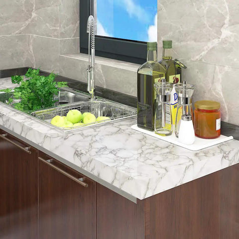 Gray White Faux Marble Contact Paper Peel And Stick Vinyl for countertops showing a kitchen with modern decor.