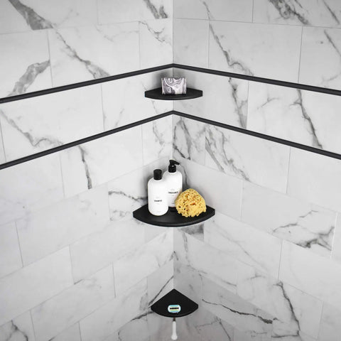10 Inch Corner Shower Shelf With Lugged Mount For Quick Install In New Construction Built For Tiled Walls Shower Organizer Corner Caddy Soap Dish Bathroom Storage In Graphite Black installed with bottles and sponge on marble walls.