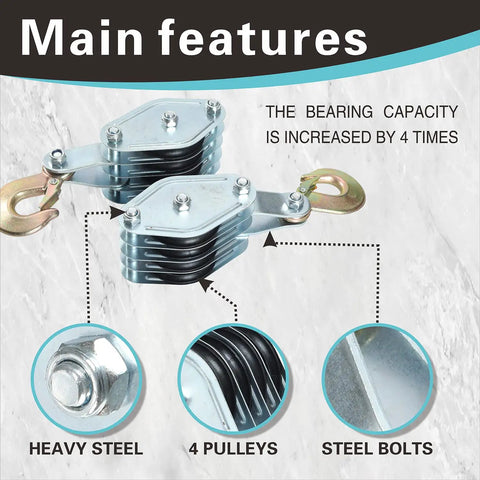 Heavy Duty Rope Hoist Kit With 4000 Lb Breaking Strength, 65 Ft Poly Rope, showing steel pulleys and bolts detail