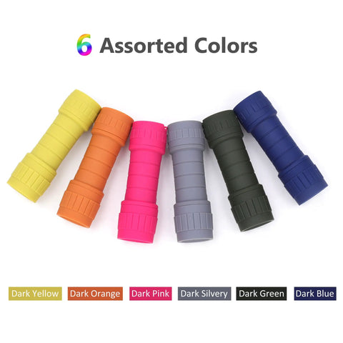 Six Pack Of Compact LED Flashlights With 100 Lumen Output Includes 18 AAA Batteries Mini Pocket Lights For Camping Hiking Emergencies Outdoor Adventure Kit, shown in six different colors laying side by side.