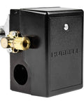 Pressure Switch For Air Compressor 69JF9LY2C 140-175 PSI Four Port with unloader, black casing, side view