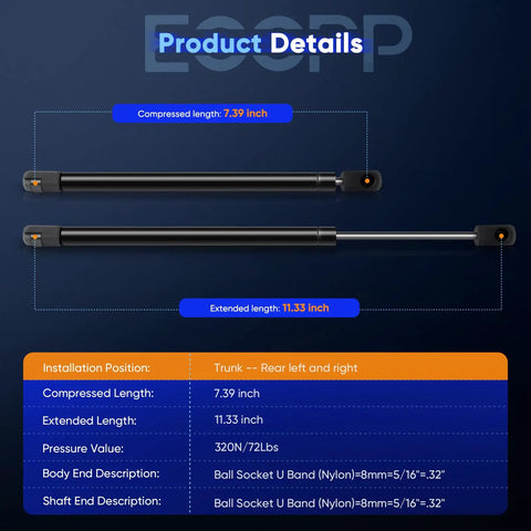 Heavy Duty Trunk Lid Lift Support Struts For Chrysler Sebring Dodge Charger Stratus dimensions and specifications details