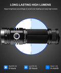 Beast Mode 3500 Lumen USB C Rechargeable Flashlight showing usage time and brightness levels chart.
