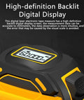 Pro Grade Digital Laser Tape Measure Workhorse 60 Meter 197 Ft Range with high-definition backlit digital display.