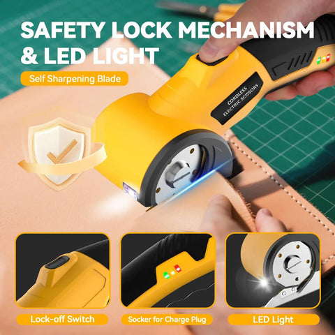 Powerful 4V Cordless Electric Scissors Cardboard Cutter With Safety Lock And LED Light For Boxes Carpet Plastic And Fabric Rechargeable USB Charge Heavy Duty DIY Tool In Yellow, cutting leather