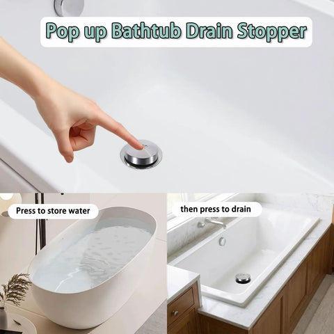 Plug And Play Toe Touch Bathtub Drain Stopper In Smooth Brushed Nickel for easy tub filling and draining with a hand press.