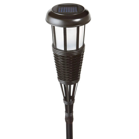 4 Pack Solar Powered Flickering Flame Outdoor Island Torches with Realistic Dancing Flame LED, dark chocolate and black finish.