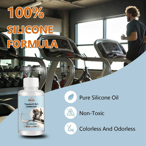Silicone Treadmill Belt Lubricant 5 Oz Bottle for Ultra Smooth Quiet Runs with product features and treadmills in gym setting