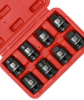 Beefy Eight Piece One Half Inch Drive Pipe Plug Socket Set SAE Chrome Molybdenum Steel CRMO with case, tapered male, chamfered female drives