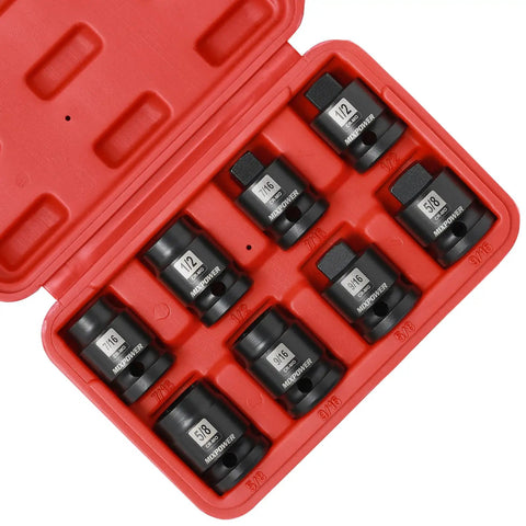 Beefy Eight Piece One Half Inch Drive Pipe Plug Socket Set SAE Chrome Molybdenum Steel CRMO with case, tapered male, chamfered female drives