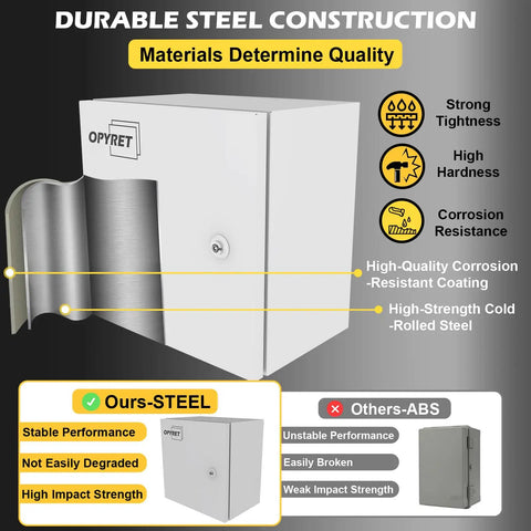 Heavy Duty Steel Electrical Junction Box 12X10X8 Inch IP66 Waterproof And Dustproof Outdoor Indoor Project Enclosure With Mounting Plate side view showing durable construction and locking mechanism.