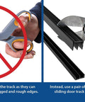 Comparison of cutting methods for One Eighth Inch Panel Sliding Door Track System, 48 Inch Black Plastic Upper And Lower Track Set, USA Made, Pack Of 1, For Glass Or Wood Panels, Smooth Quiet Sliding For Showcases Cabinets Bookcases Reptile Tanks, showing scissors with a red cross and garden pruners making a clean cut.