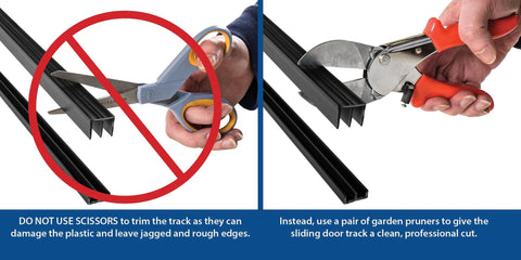 Image showing incorrect and correct tools for cutting Three Quarters Inch Panel Sliding Door Track Set For Three Quarters Inch Thick Panels.