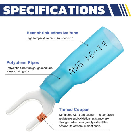 Close-up of blue connector from 210 Piece Heat Shrink Fork Spade Connectors Set Waterproof Marine Grade U Type Insulated Terminals