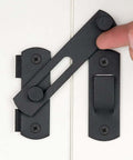 Two Pack Matte Black Stainless Steel Barn Door Latches 3.93 by 2.75 Inches flip bi fold sliding door lock installed on door