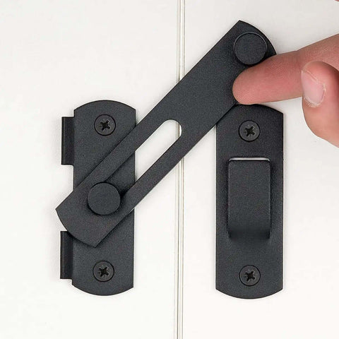 Two Pack Matte Black Stainless Steel Barn Door Latches 3.93 by 2.75 Inches flip bi fold sliding door lock installed on door