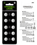 Top Shelf LR936 Alkaline Button Cell Batteries pack showing ten button cells with AG9 labeling, suitable for precision instruments.