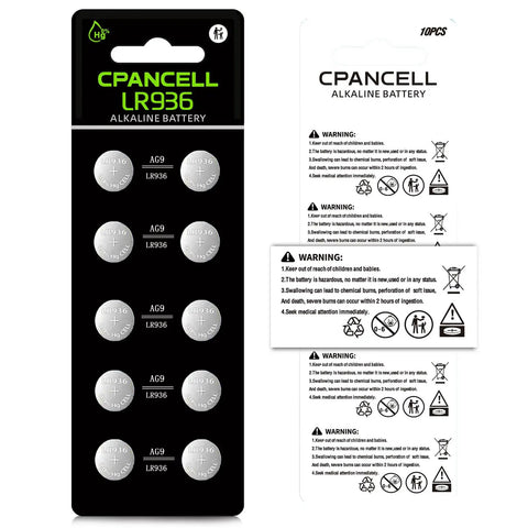 Top Shelf LR936 Alkaline Button Cell Batteries pack showing ten button cells with AG9 labeling, suitable for precision instruments.