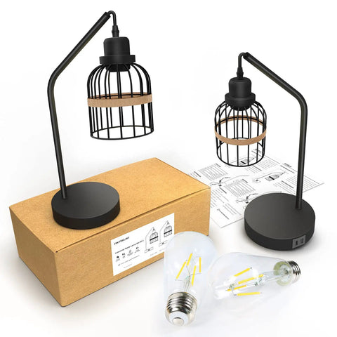 Industrial Table Lamp Set Of 2 With Dual USB Charging Ports, 3-Way Dimmable Touch Control Bedside Lamps with LED Bulbs and box
