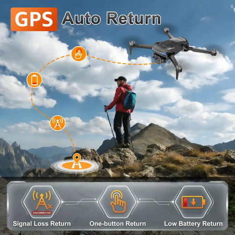 4K Drone With Real Time 4K Camera And Built In 4.5 Inch FPV Screen Controller demonstrating GPS auto return feature in mountains
