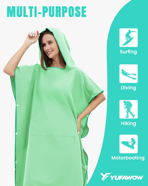 Model wearing Hooded Towel Changing Poncho for Surfing and Outdoor Adventures, featuring front kangaroo pocket, in green color.