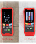Heavy Duty Wall Detector Scanner And Real Deal Stud Finder features laser ranging and wall detection on its LCD display.