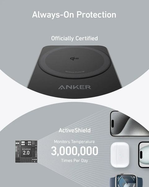 MagGo 3-In-1 IPhone Charging Station With MagSafe Wireless Stand showing Always-On Protection and ActiveShield feature.