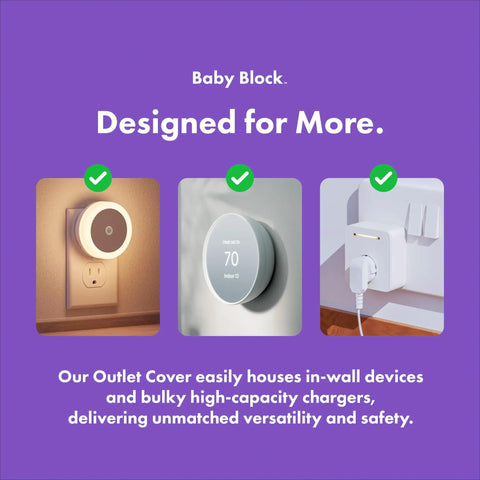 Extra Large Outlet Cover Box For Baby Proofing Bulky Plugs And Wide Adapters, white cover on purple background
