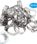 Heavy Duty 20 Pack Five Eighths To One Inch 304 Stainless Steel Hose Clamps Adjustable Worm Gear Pipe Clamps For Dryer Repair Tubing Fuel Line And Home Plumbing Projects, showing multiple hose clamps