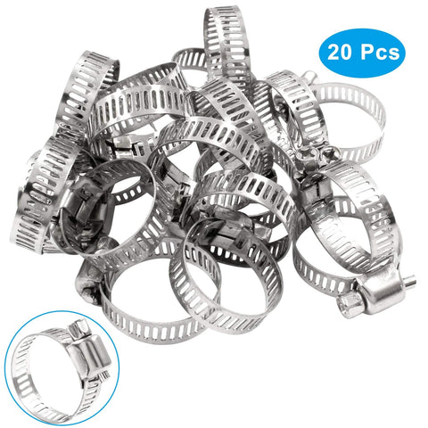 Heavy Duty 20 Pack Five Eighths To One Inch 304 Stainless Steel Hose Clamps Adjustable Worm Gear Pipe Clamps For Dryer Repair Tubing Fuel Line And Home Plumbing Projects, showing multiple hose clamps