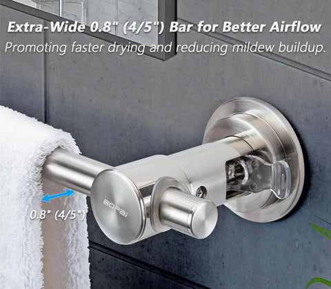 24 Inch Suction Cup Towel Bar No Drill Install For Smooth Surfaces Only Brushed Nickel Finish in bathroom on tile wall with towel