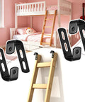 Top Shelf 4 Pack Bunk Bed Ladder Hook Brackets Crafted From Heavy Pvc Coated Stainless Steel Angled J Clips For Rv Replacement Hardware Parts Built Tough As Nails Guaranteed. Black steel hooks displayed with wooden ladder.