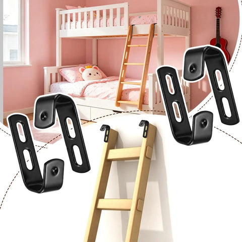 Top Shelf 4 Pack Bunk Bed Ladder Hook Brackets Crafted From Heavy Pvc Coated Stainless Steel Angled J Clips For Rv Replacement Hardware Parts Built Tough As Nails Guaranteed. Black steel hooks displayed with wooden ladder.