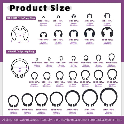 Product Size chart for Must Have All In One Snap Ring Pliers Kit 4 In 1 With Pro Grade Alloy Steel Build M4 To M28mm C Clip External Retaining Rings And 1.5 To 10mm E Clips Retaining Rings Assortment With Tweezers For Pin Clips Repair Swpeet