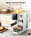 Rock Solid 20 Bar Espresso Maker Stainless Steel Chassis low profile with digital screen brewing espresso in kitchen.