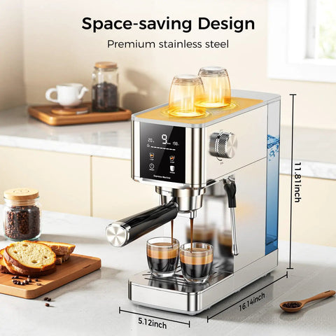 Rock Solid 20 Bar Espresso Maker Stainless Steel Chassis low profile with digital screen brewing espresso in kitchen.