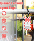 Heavy Duty Lockout Tagout Tags Reusable Do Not Operate Labels For Industrial Jobsite Maintenance Featuring Tough Metal And Pvc Build hanging on a pipe.