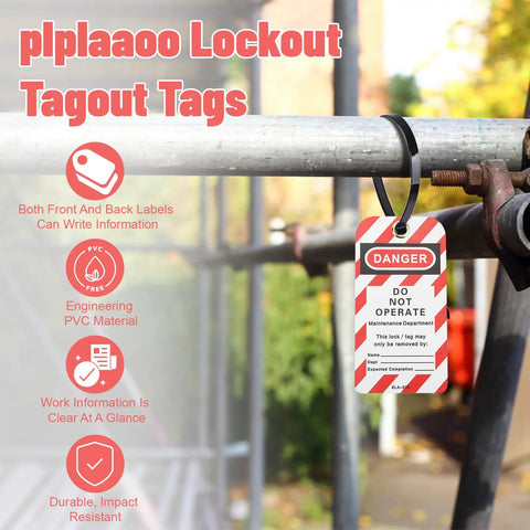 Heavy Duty Lockout Tagout Tags Reusable Do Not Operate Labels For Industrial Jobsite Maintenance Featuring Tough Metal And Pvc Build hanging on a pipe.