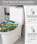 Resin Elongated Toilet Seat for Bathroom on a white toilet with vibrant floral design and installation accessories.