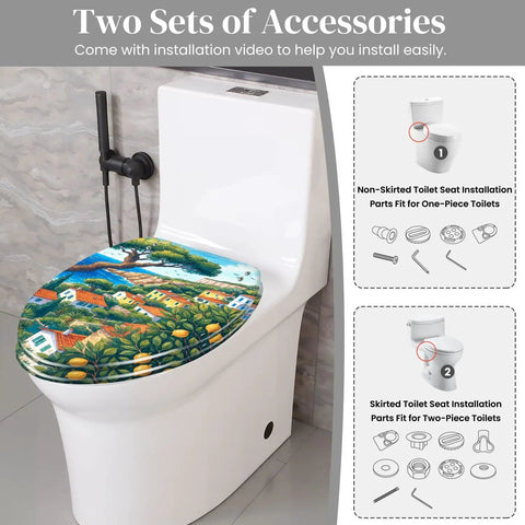 Resin Elongated Toilet Seat for Bathroom on a white toilet with vibrant floral design and installation accessories.