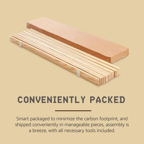 Solid Pine Wood Bed Frame Support Slats Built Tough To Give Your Mattress Bulletproof Rest, packaged for easy assembly.